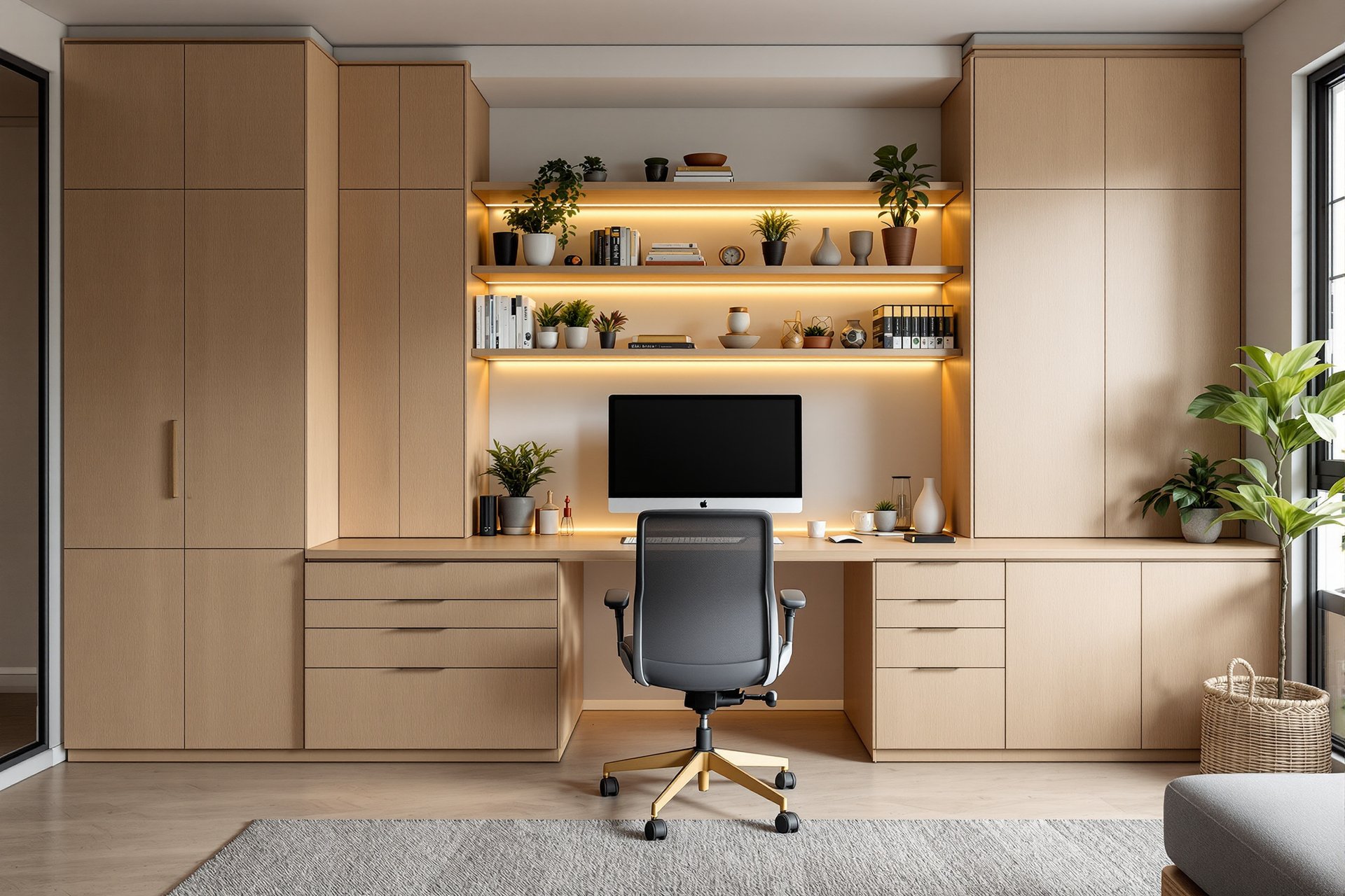 Nowoczesne domowe biuro z biurkiem na wymiar i zabudową ścienną