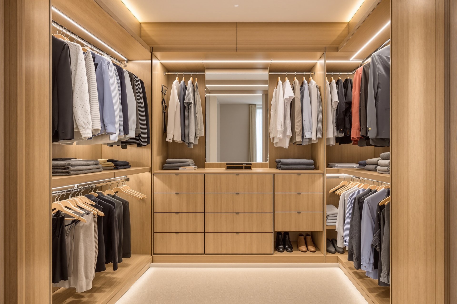 Garderoba na wymiar z zabudową od podłogi do sufitu i oświetleniem LED