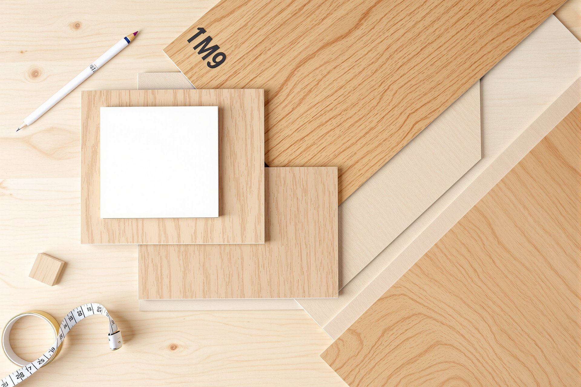 Próbki materiałów meblowych — płyta laminowana, MDF, sklejka i drewno lite