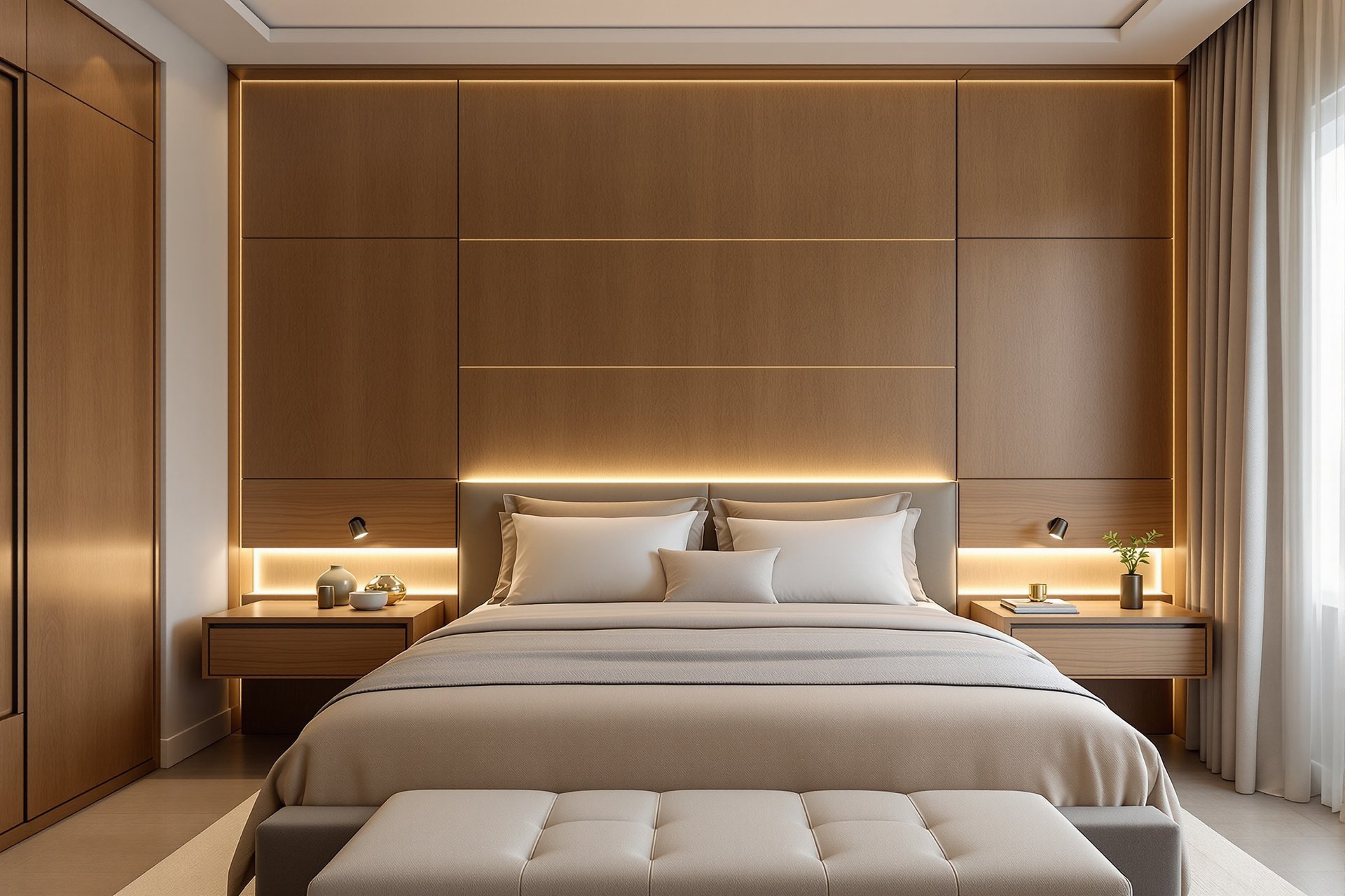 Nowoczesna sypialnia z zabudową za wezgłowiem łóżka i zintegrowanymi szafkami nocnymi