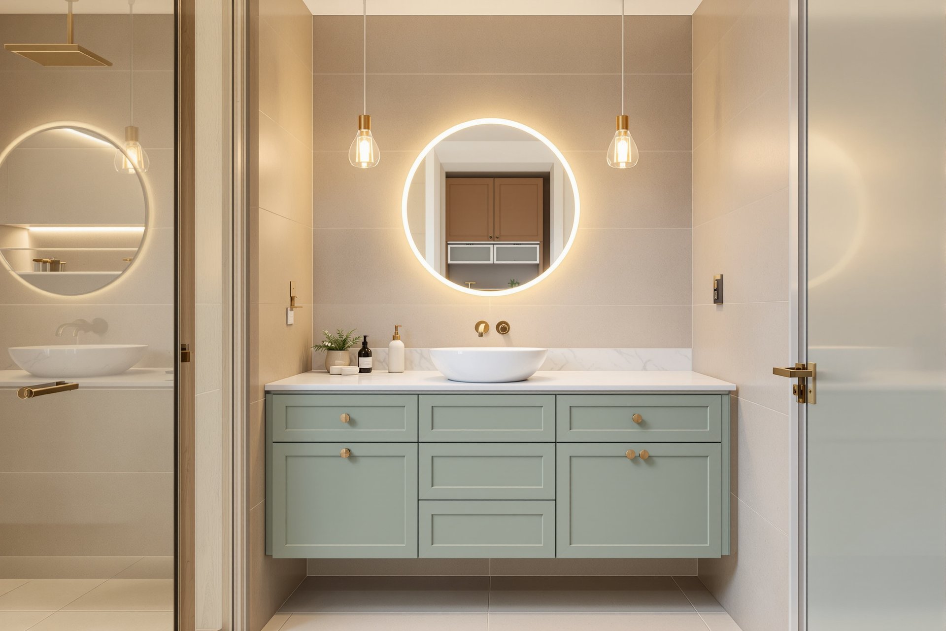 Nowoczesna łazienka z meblami na wymiar w ciepłych odcieniach drewna