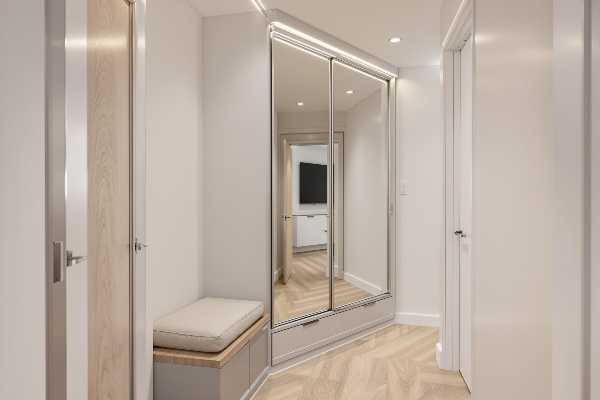 Nowoczesna zabudowa przedpokoju na wymiar z szafą przesuwną i siedziskiem