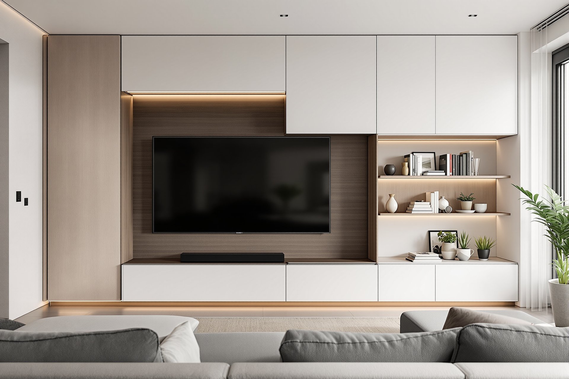 Nowoczesna zabudowa ściany RTV w salonie z oświetleniem LED i otwartymi półkami